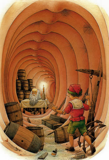 Pinocchio trifft im Inneren des Haifisches seinen Vater Geppetto